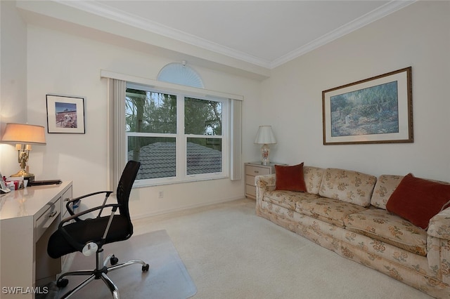 home office with light carpet and ornamental molding