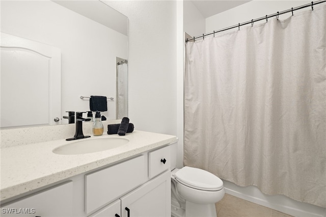 full bathroom featuring toilet, vanity, shower / tub combo, and tile patterned floors