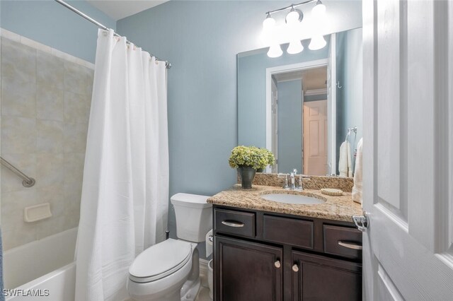 bathroom featuring shower / bathtub combination with curtain, toilet, and vanity