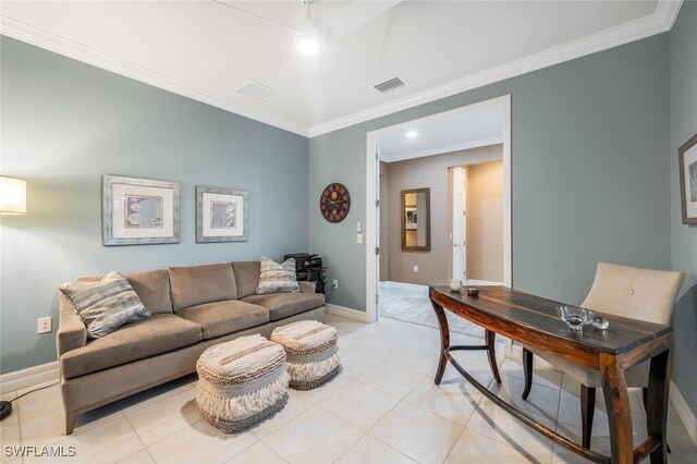 living room with crown molding and light tile patterned floors