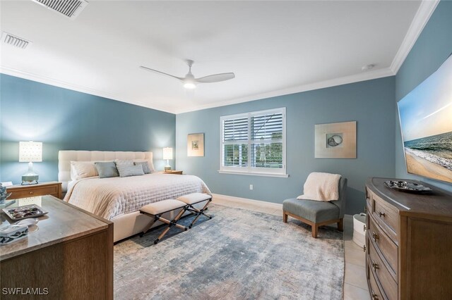 bedroom featuring visible vents, crown molding, and light tile patterned floors