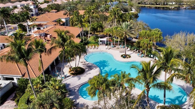 birds eye view of property featuring a water view