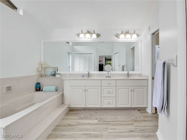 bathroom with a tub to relax in, hardwood / wood-style flooring, and vanity