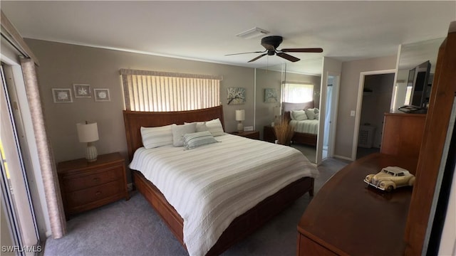 bedroom featuring ceiling fan, carpet, and a closet