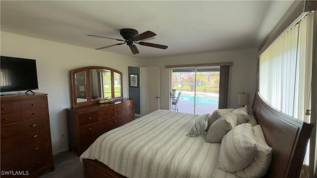 bedroom with ceiling fan and access to exterior