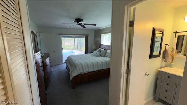 carpeted bedroom featuring ceiling fan and access to exterior