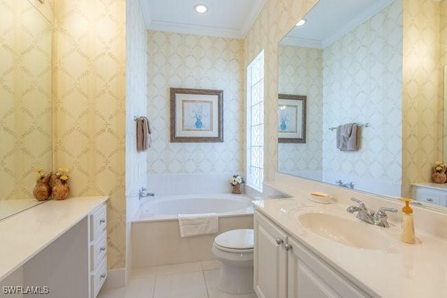 bathroom with toilet, tile patterned flooring, crown molding, a healthy amount of sunlight, and a bathtub