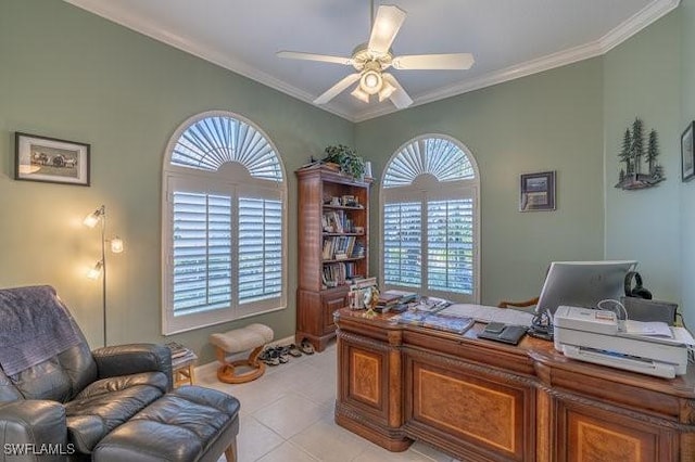 home office featuring light tile patterned floors, ceiling fan, a wealth of natural light, and ornamental molding