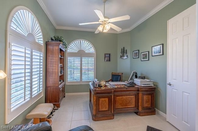 office area featuring ceiling fan, ornamental molding, and light tile patterned flooring