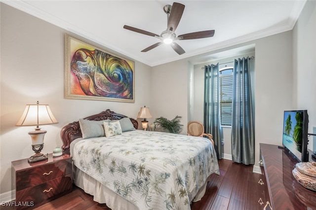 bedroom with baseboards, ornamental molding, ceiling fan, and dark wood-type flooring