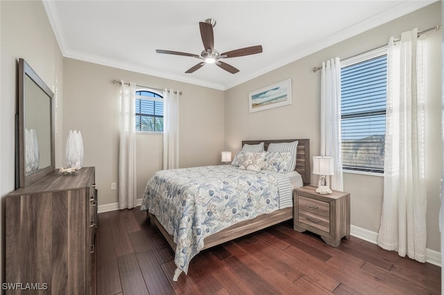 bedroom featuring ceiling fan, dark hardwood / wood-style floors, and ornamental molding