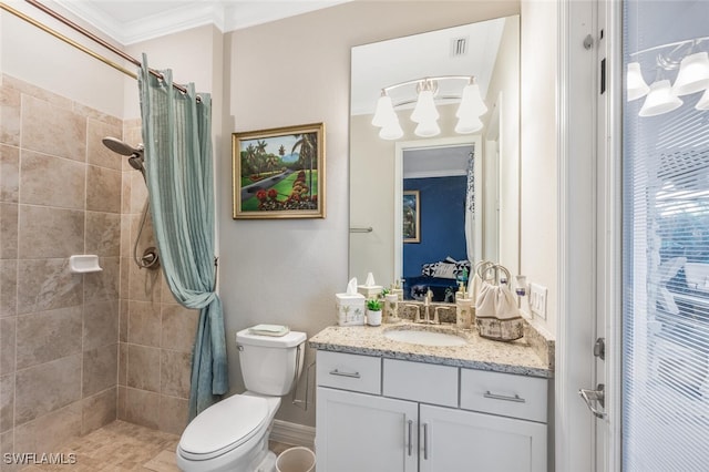 bathroom featuring toilet, vanity, crown molding, and a shower with shower curtain