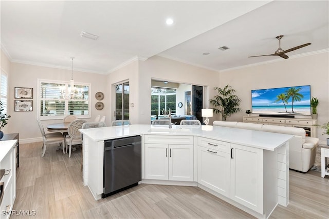 kitchen with a sink, dishwashing machine, open floor plan, and light countertops