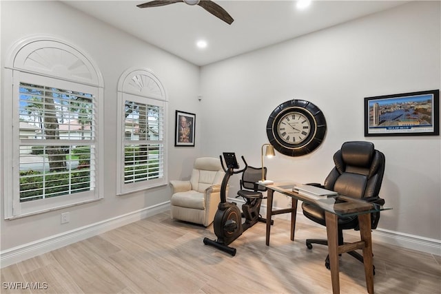 office with a ceiling fan, recessed lighting, baseboards, and wood finished floors