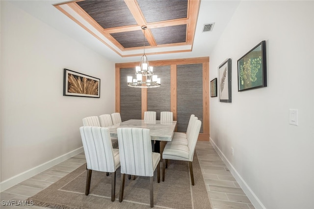 dining space with coffered ceiling and a notable chandelier