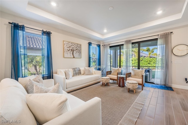 living room with plenty of natural light and a tray ceiling