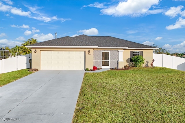 ranch-style home with a front yard and a garage