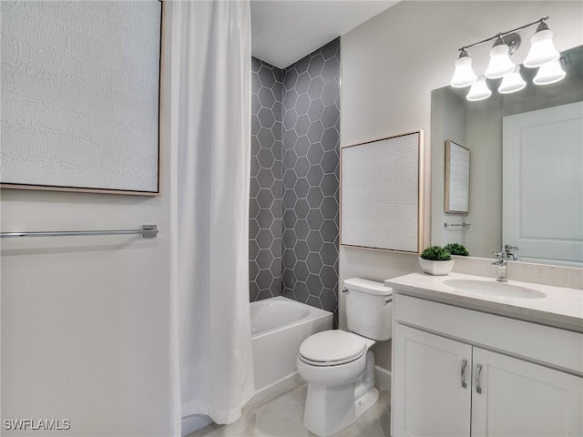 full bathroom featuring toilet, shower / bath combination with curtain, tile patterned floors, and vanity