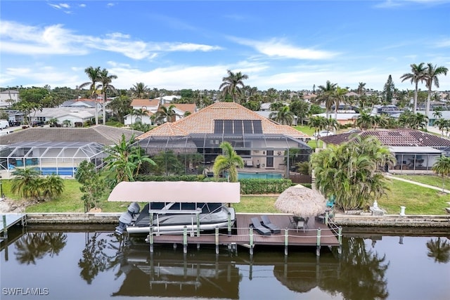 exterior space with a water view