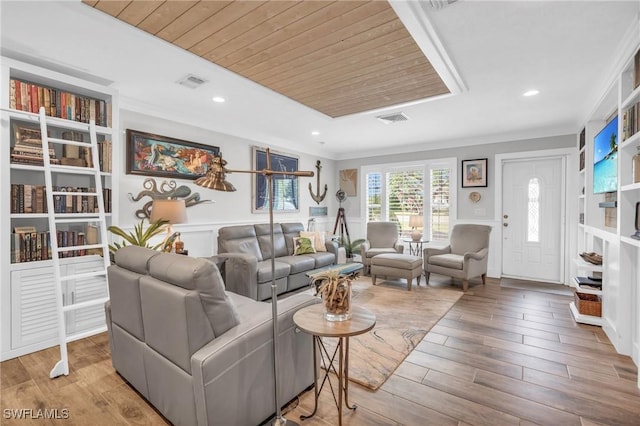 living room with wooden ceiling and light hardwood / wood-style floors