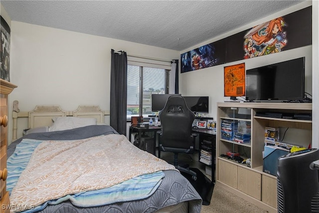 carpeted bedroom featuring a textured ceiling