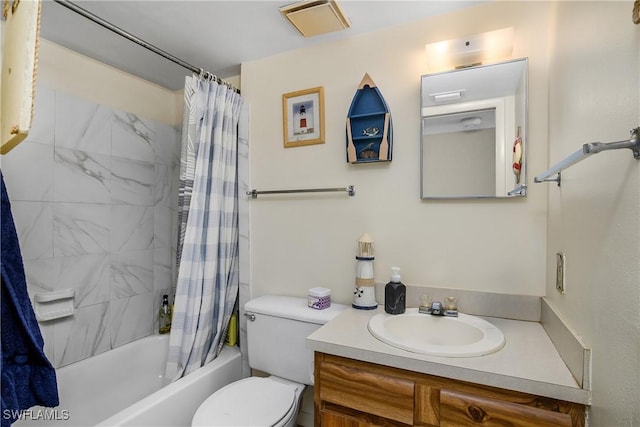 full bathroom with vanity, shower / bathtub combination with curtain, and toilet