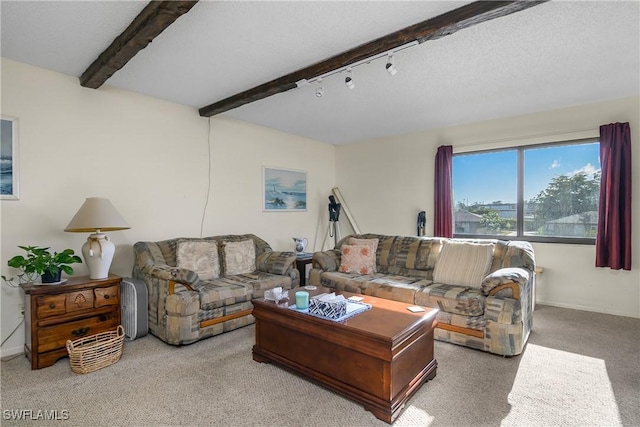 living room with beamed ceiling, light colored carpet, and a textured ceiling