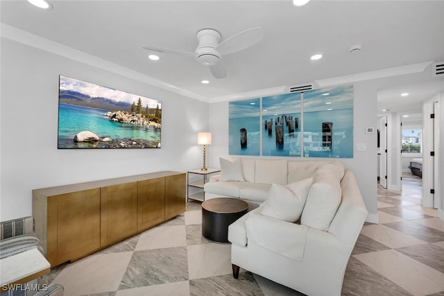 living room featuring ceiling fan and crown molding