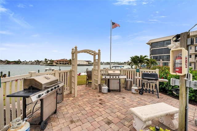 view of patio featuring area for grilling and a water view