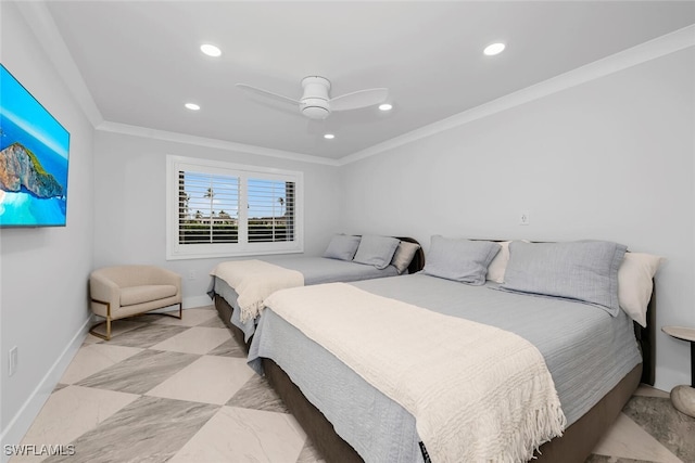 bedroom featuring ceiling fan and crown molding