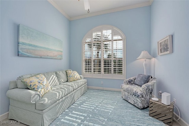 living room with crown molding