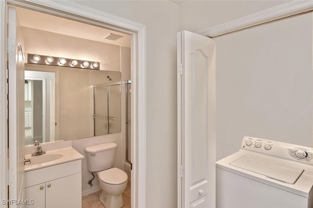 8580 Cedar Hammock Cir Unit 714, Naples, FL 34112 - full bathroom with washer / clothes dryer, vanity, a shower with door, and tile patterned flooring