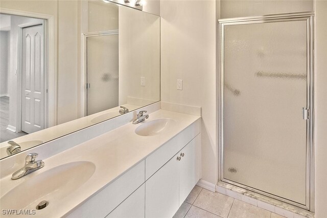 8580 Cedar Hammock Cir Unit 714, Naples, FL 34112 - full bathroom featuring double vanity, a stall shower, and tile patterned floors