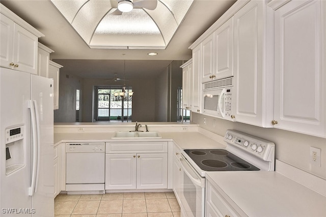 8580 Cedar Hammock Cir Unit 714, Naples, FL 34112 - kitchen featuring white appliances, light tile patterned flooring, a ceiling fan, white cabinetry, and recessed lighting