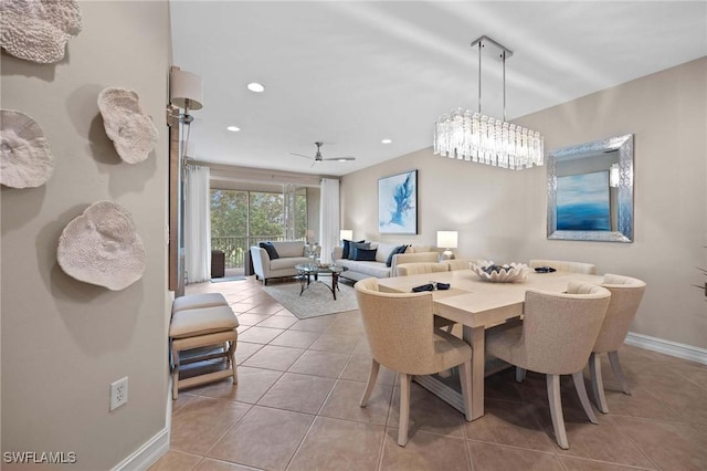 dining space featuring ceiling fan and light tile patterned flooring