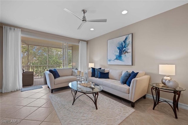 tiled living room featuring ceiling fan