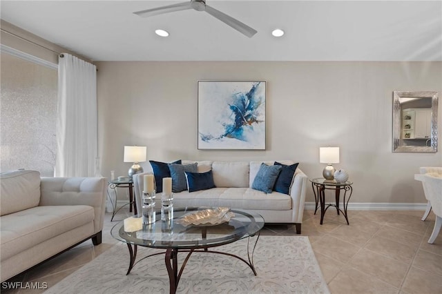 tiled living room featuring ceiling fan