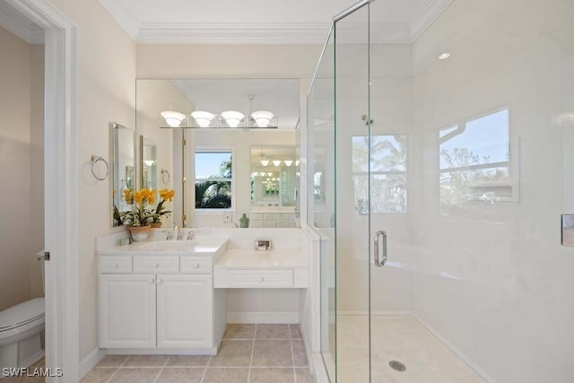 bathroom with toilet, an enclosed shower, ornamental molding, vanity, and tile patterned flooring