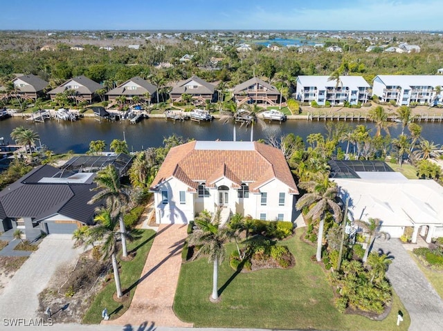 drone / aerial view featuring a water view