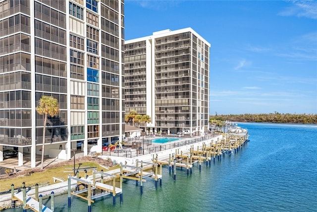 exterior space with a water view