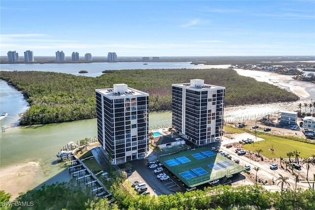 bird's eye view with a water view