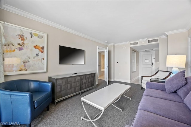 living room with ornamental molding and carpet flooring