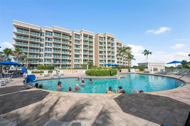 view of swimming pool with a patio area