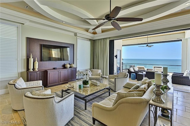 living room with crown molding and ceiling fan