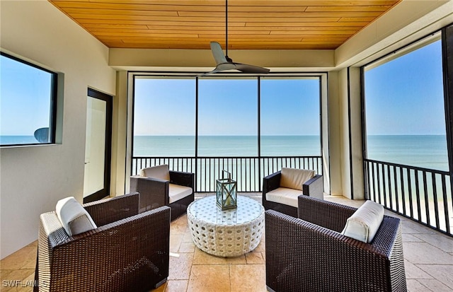 sunroom with a water view and wood ceiling