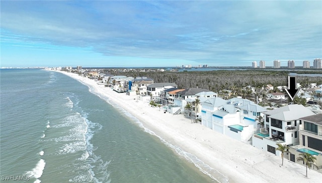 bird's eye view featuring a view of the beach and a water view