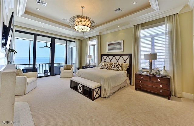 carpeted bedroom featuring ornamental molding, access to exterior, and a tray ceiling