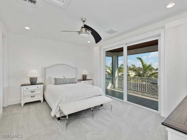 carpeted bedroom featuring ceiling fan and access to outside