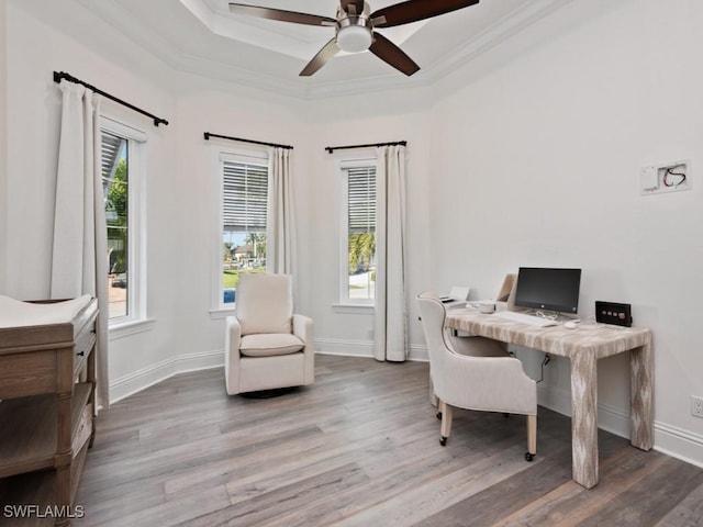 office area with wood-type flooring, a tray ceiling, ceiling fan, and crown molding