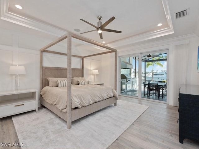 bedroom featuring access to exterior, ceiling fan, ornamental molding, and wood-type flooring